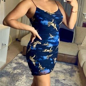 Elegant Black and Blue Angel Print Dress